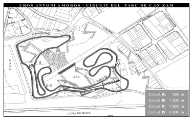 Imatge del pl�nol amb els diferents recorreguts del cros per categories al circuit de Can Zam