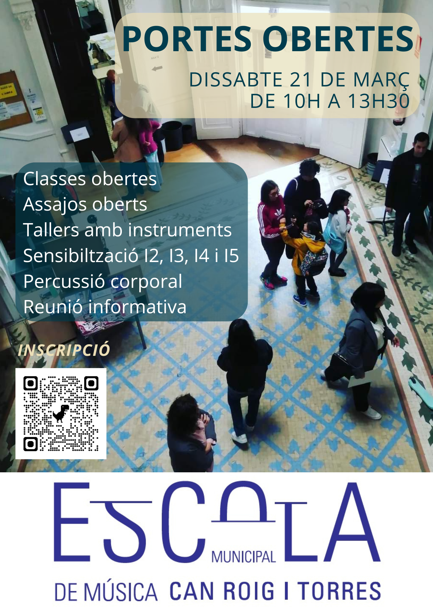Cartell anunci de la jornada de portes obertes de l'Escola de Música 