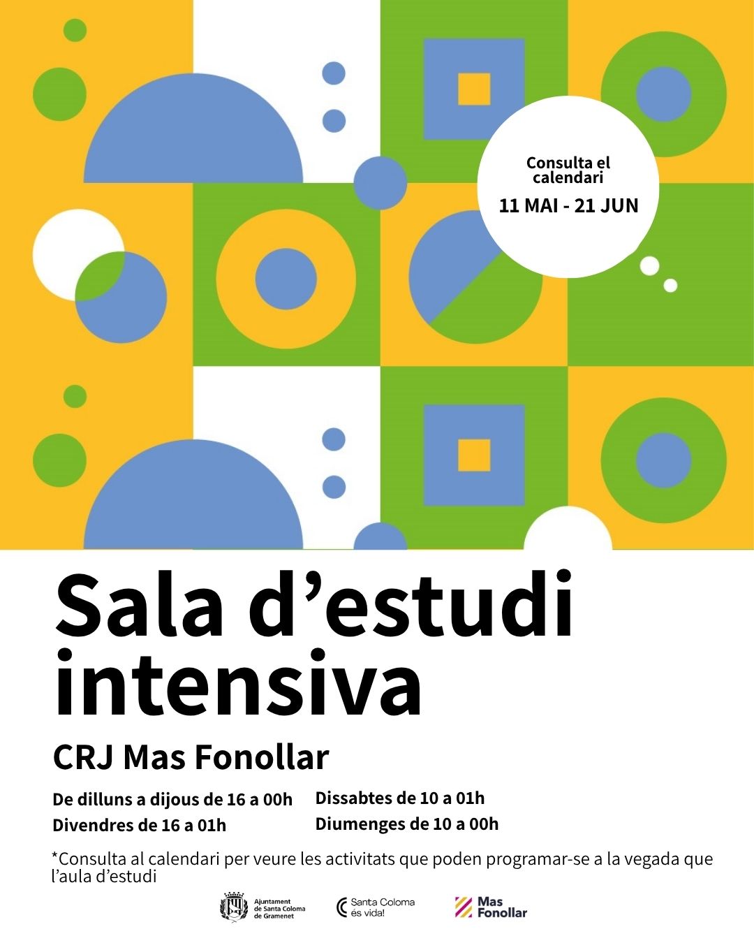 Dies i horaris de la sala d'estudi del CRJ Mas Fonollar