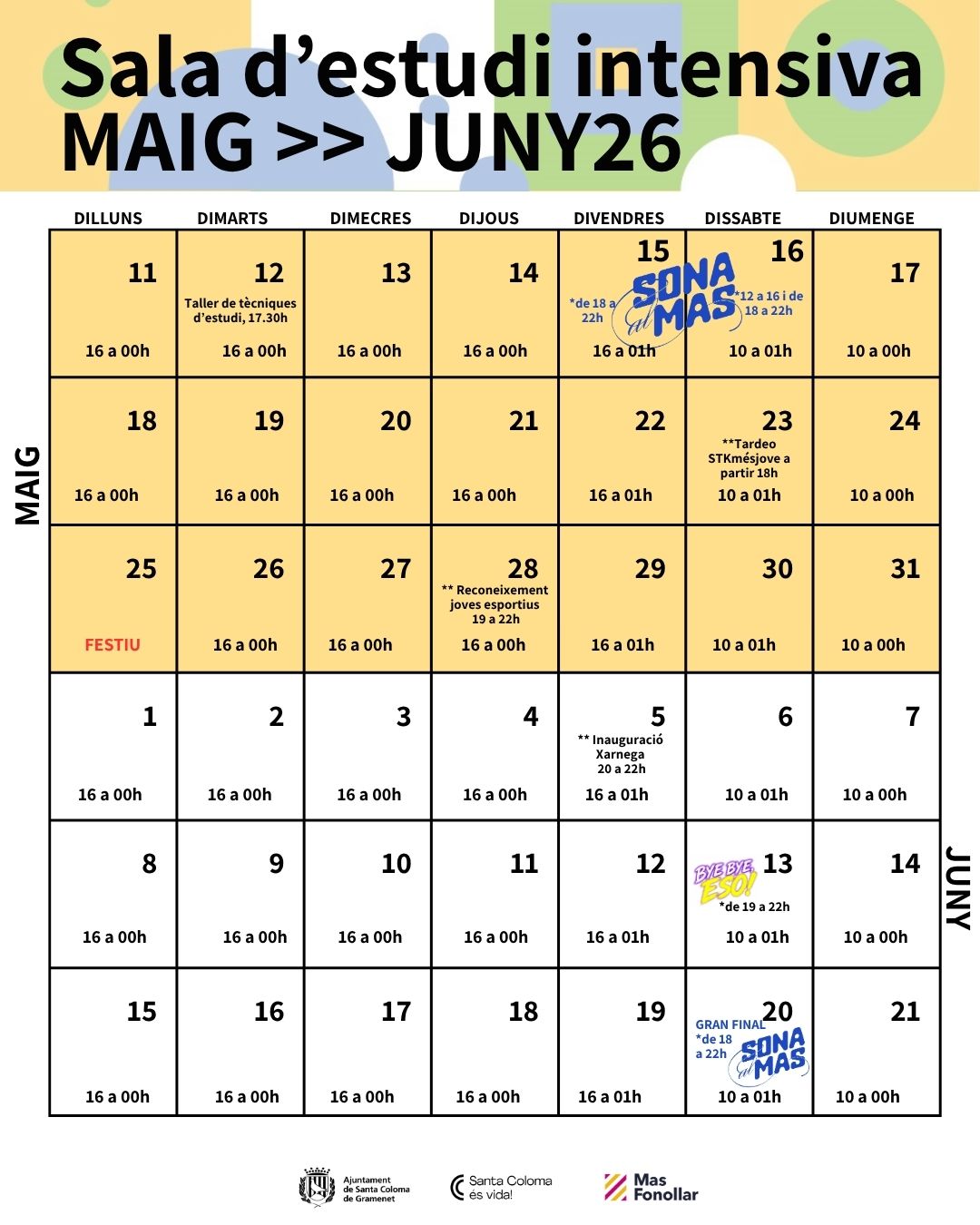 Calendari de la sala d'estudi del CRJ Mas Fonollar