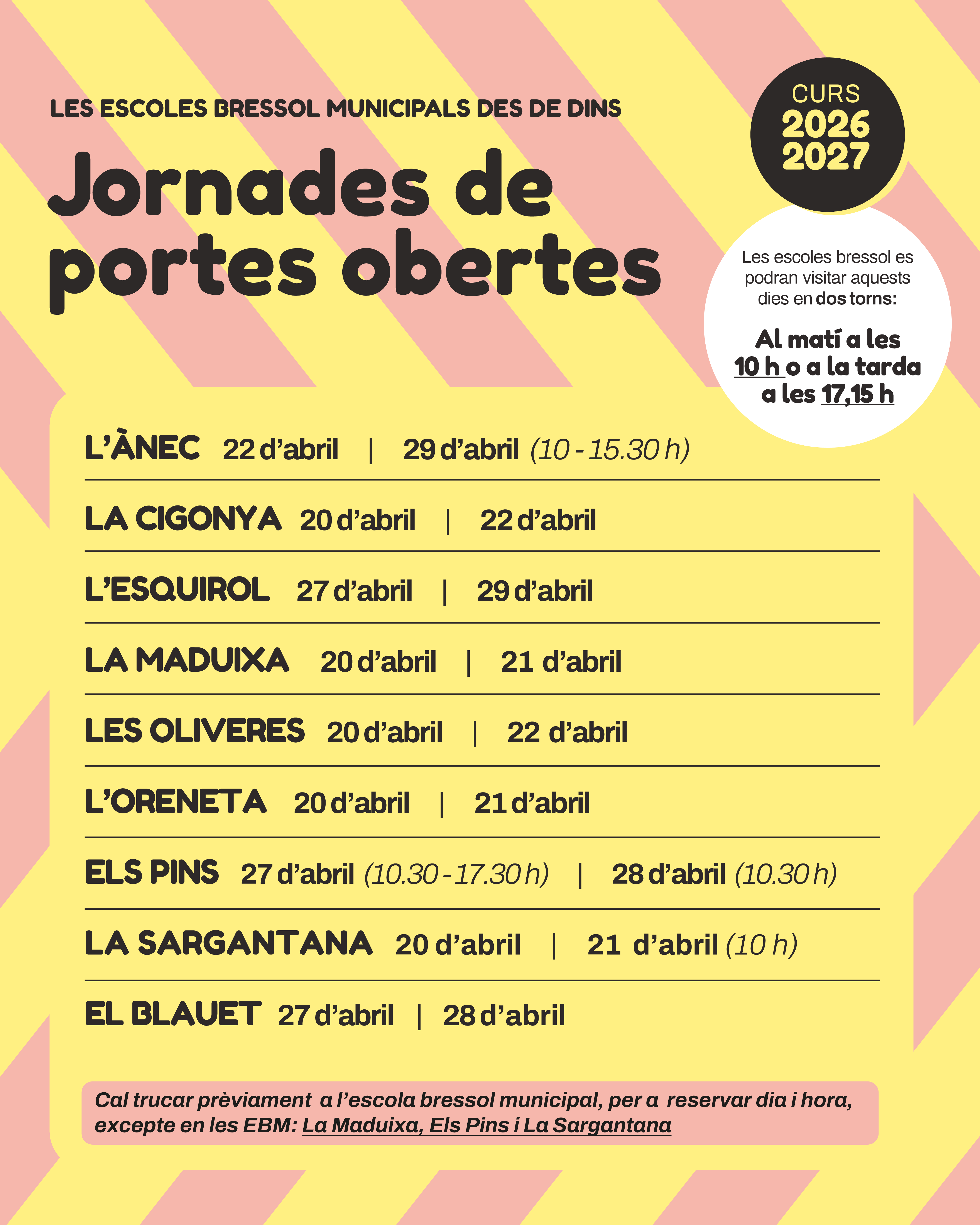 Calendari jornada de portes obertes amb les dates de tots els centres 