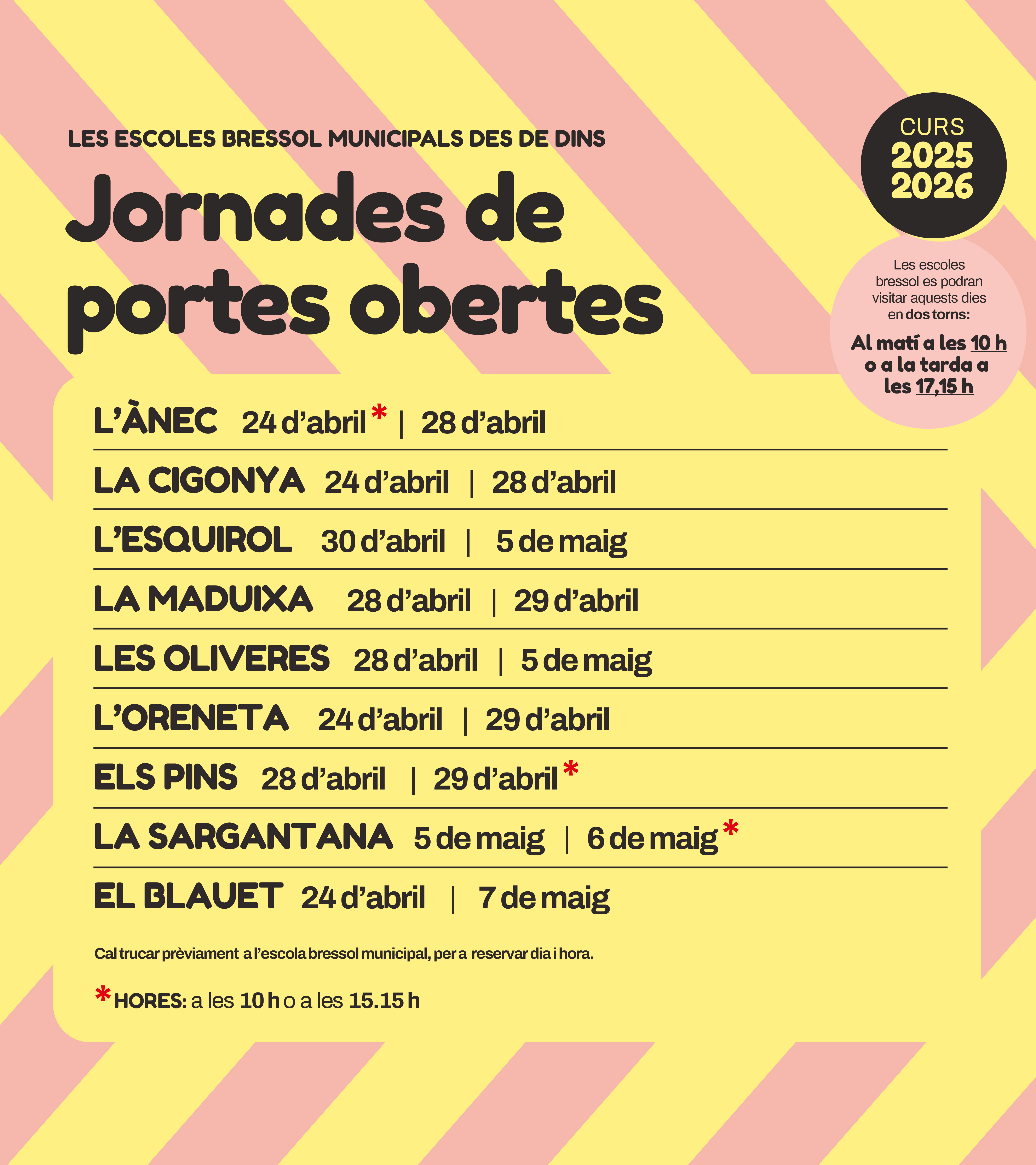 Calendari jornada de portes obertes amb les dates de tots els centres 