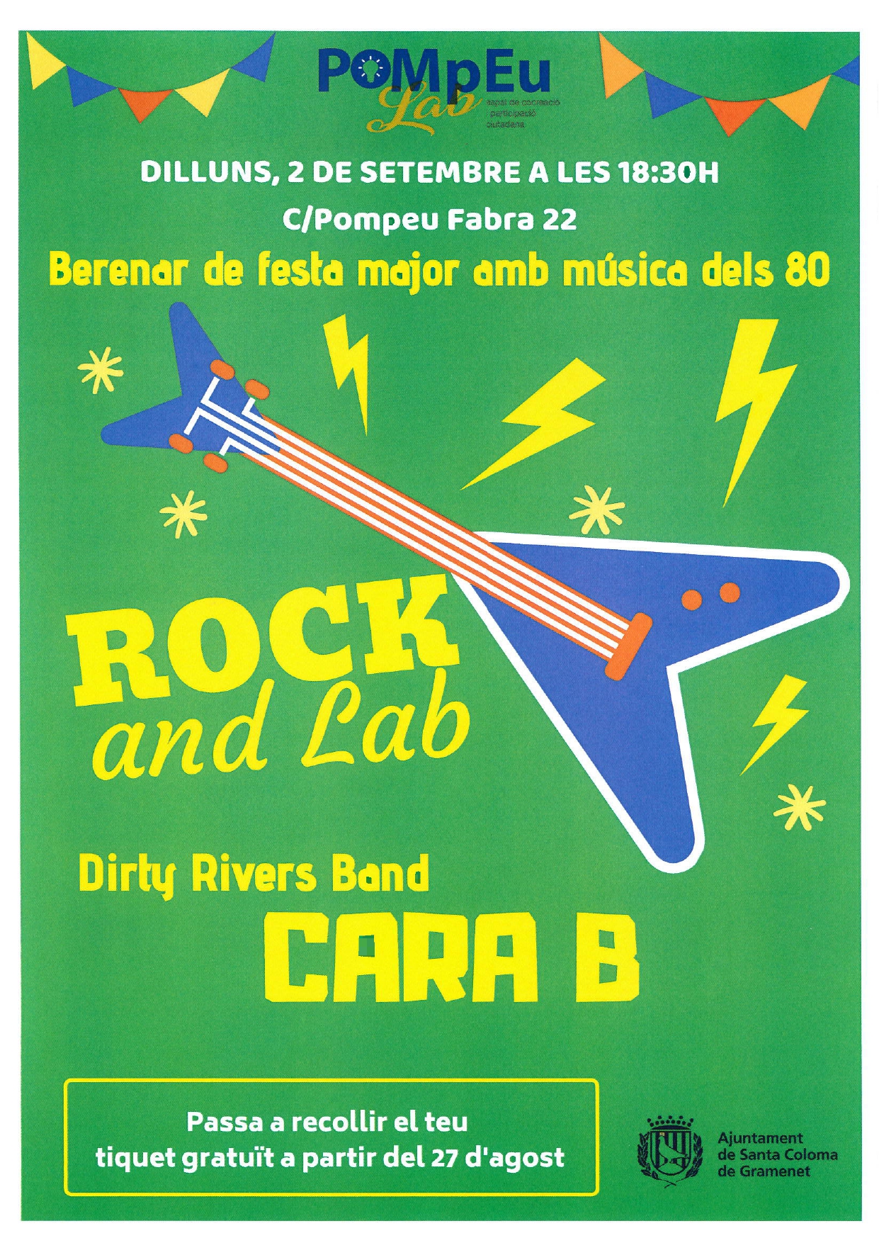 Rock an lab Cartell del Rock and Lab. Berenar de Festa Major amb música dels 80. Dilluns 2 de setembre a les 18.30h.
