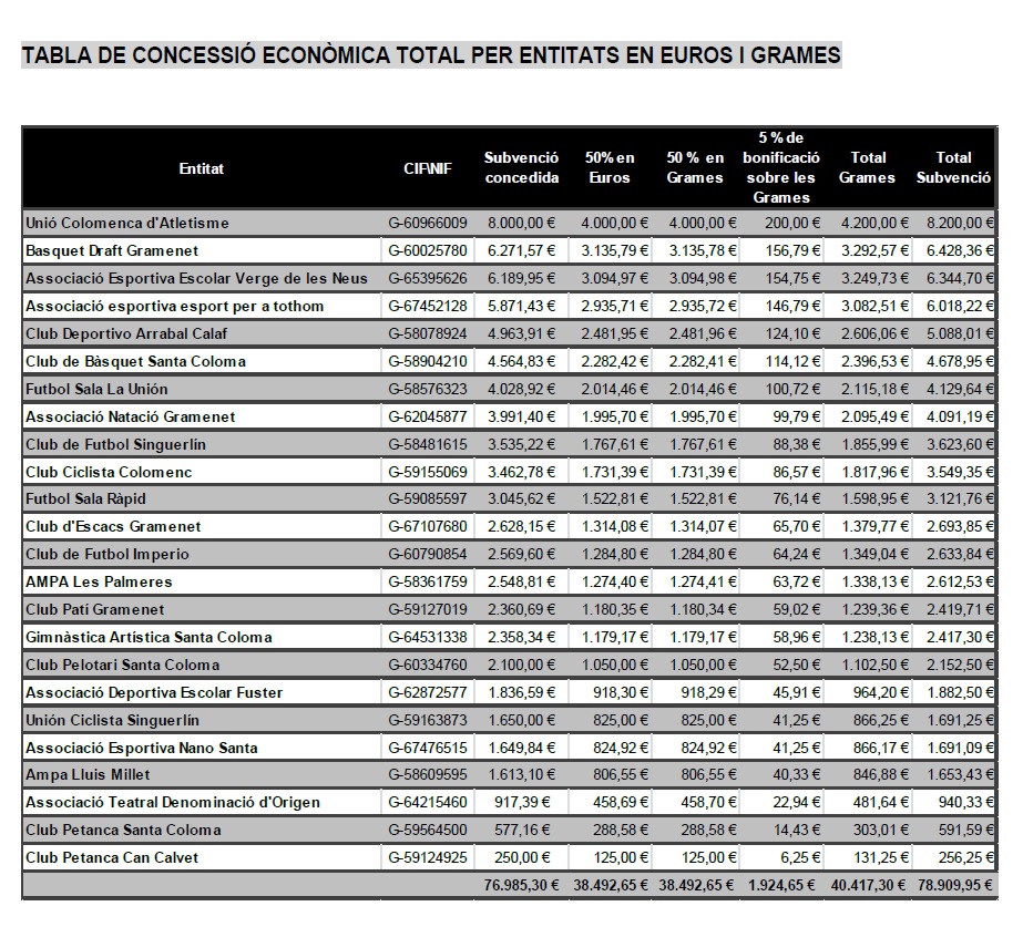 Tabla de concessió de subvencions 2021 Imatge tabla de concessió de subvencions 2021