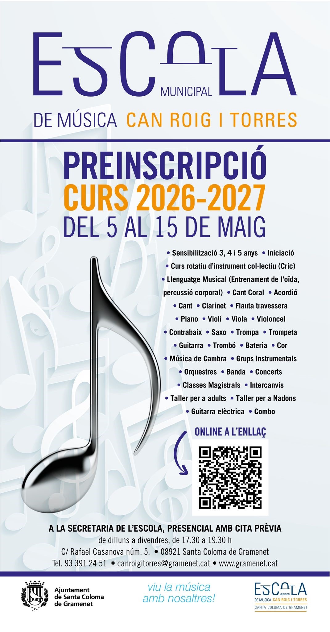 Infografía de la preisncripció Escola de música curs 26-27